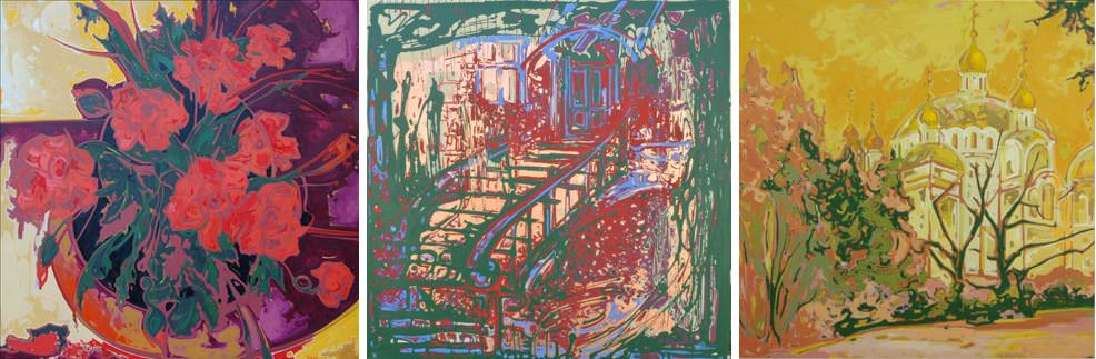 "Red Flowers" - oil on canvas - 60" x 60" "Doorway in Green" - oil on canvas - 30" x 30" "Kiev St. Sofia" - oil on canvas - 30" x 30"
