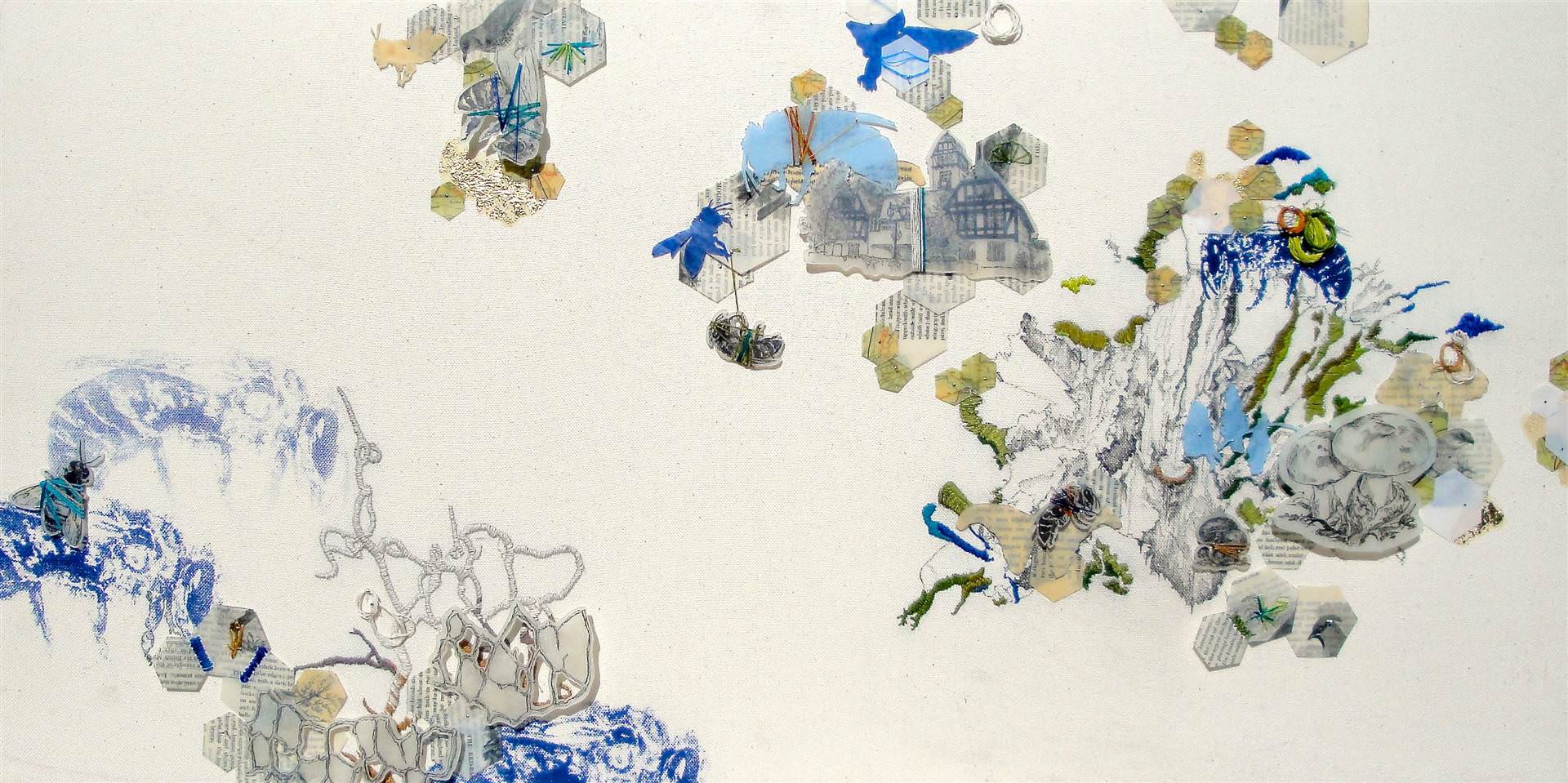 We Used To Live Here (Blue), Collage & Mixed Media on Canvas, 18" x 36" 